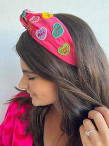 Conversation Heart Embroidered Headband - Pink