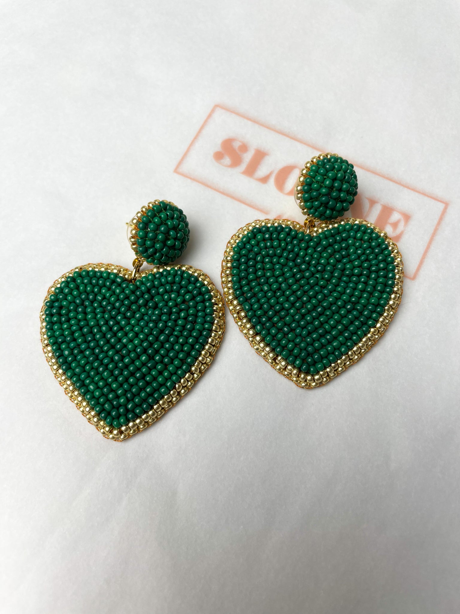 Green Beaded Heart Earrings